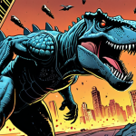 **Prompt:** A gritty, dynamic comic book panel featuring Krog, the T-Rex cop, battling Cybertooth, a Smilodon with advanced cybernetics. Emphasize the bold lines, dramatic shading, and sense of movement. Cybertooth is mid-attack, sparks flying from his cybernetic enhancements. Background shows a dark, dystopian Dino-City. Style of a 1990s comic book.