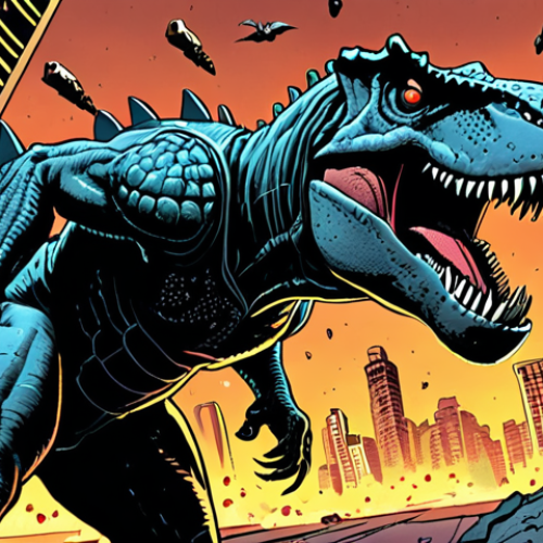 Home 19 **Prompt:** A gritty, dynamic comic book panel featuring Krog, the T-Rex cop, battling Cybertooth, a Smilodon with advanced cybernetics. Emphasize the bold lines, dramatic shading, and sense of movement. Cybertooth is mid-attack, sparks flying from his cybernetic enhancements. Background shows a dark, dystopian Dino-City. Style of a 1990s comic book.
