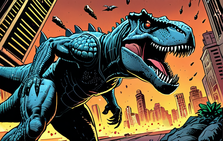 **Prompt:** A gritty, dynamic comic book panel featuring Krog, the T-Rex cop, battling Cybertooth, a Smilodon with advanced cybernetics. Emphasize the bold lines, dramatic shading, and sense of movement. Cybertooth is mid-attack, sparks flying from his cybernetic enhancements. Background shows a dark, dystopian Dino-City. Style of a 1990s comic book.