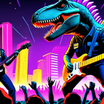 **Prompt:** A rock concert featuring dinosaur police officers shredding on electric guitars. The stage is set against a backdrop of a futuristic cityscape with prehistoric jungle elements.  Bright neon lights and a cheering crowd of various dinosaur species. Style:  Energetic, vibrant, and slightly cheesy, reminiscent of 80s cartoon animation.