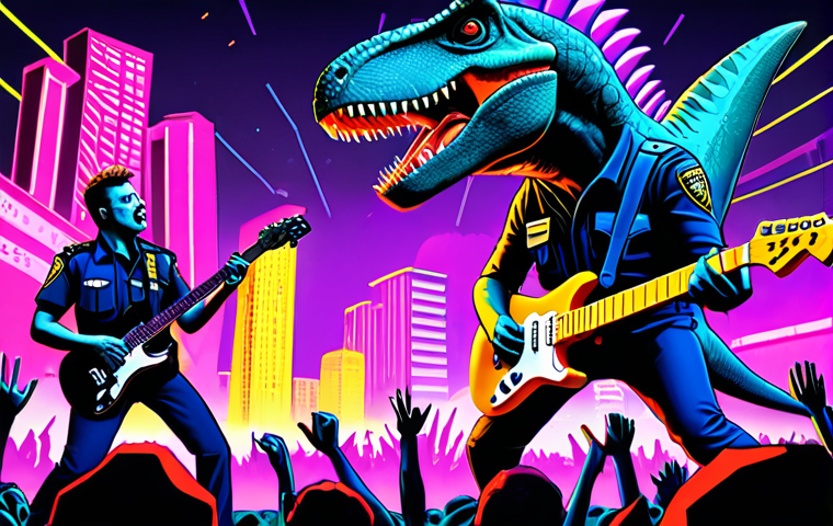 **Prompt:** A rock concert featuring dinosaur police officers shredding on electric guitars. The stage is set against a backdrop of a futuristic cityscape with prehistoric jungle elements. Bright neon lights and a cheering crowd of various dinosaur species. Style: Energetic, vibrant, and slightly cheesy, reminiscent of 80s cartoon animation.
