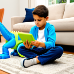 A child, approximately 8-10 years old, fully clothed in modest, everyday attire, seated on a clean rug in a bright, modern living room. The child is engrossed in playing with a transformable toy figure, reminiscent of a "Jurassic Cops" dinosaur/robot, while a tablet lies beside them, displaying an interactive augmented reality (AR) application that visually connects with the physical toy. The child's expression conveys deep concentration and genuine wonder. The room is tidy, illuminated by soft, natural light, suggesting a comfortable and safe play environment. Perfect anatomy, correct proportions, natural pose, well-formed hands, proper finger count. Professional photography, high quality, vibrant colors, sharp focus. Safe for work, appropriate content, fully clothed, family-friendly.