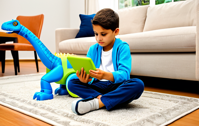A child, approximately 8-10 years old, fully clothed in modest, everyday attire, seated on a clean rug in a bright, modern living room. The child is engrossed in playing with a transformable toy figure, reminiscent of a "Jurassic Cops" dinosaur/robot, while a tablet lies beside them, displaying an interactive augmented reality (AR) application that visually connects with the physical toy. The child's expression conveys deep concentration and genuine wonder. The room is tidy, illuminated by soft, natural light, suggesting a comfortable and safe play environment. Perfect anatomy, correct proportions, natural pose, well-formed hands, proper finger count. Professional photography, high quality, vibrant colors, sharp focus. Safe for work, appropriate content, fully clothed, family-friendly.