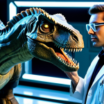 A highly intelligent professional scientist, an adult male, wearing a clean, modest lab coat and safety goggles, stands observing a newly activated 'Jurassic Cop' unit. The 'Jurassic Cop' is a majestic, robust dinosaur-robot hybrid, like a T-Rex with sleek, metallic plating and glowing energy conduits, standing in a natural pose. The scene is set within a state-of-the-art, futuristic research laboratory, filled with advanced holographic displays and intricate machinery. The overall atmosphere is one of scientific discovery and controlled power. perfect anatomy, correct proportions, well-formed hands, proper finger count, natural body proportions, fully clothed, appropriate attire, professional dress, safe for work, appropriate content, professional, family-friendly, high quality, studio lighting, detailed, volumetric lighting.