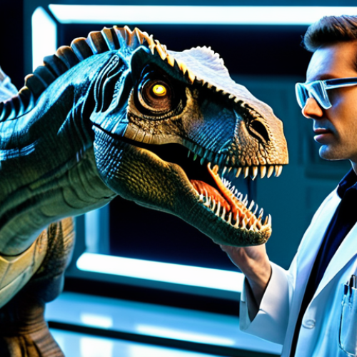 Home 8 A highly intelligent professional scientist, an adult male, wearing a clean, modest lab coat and safety goggles, stands observing a newly activated 'Jurassic Cop' unit. The 'Jurassic Cop' is a majestic, robust dinosaur-robot hybrid, like a T-Rex with sleek, metallic plating and glowing energy conduits, standing in a natural pose. The scene is set within a state-of-the-art, futuristic research laboratory, filled with advanced holographic displays and intricate machinery. The overall atmosphere is one of scientific discovery and controlled power. perfect anatomy, correct proportions, well-formed hands, proper finger count, natural body proportions, fully clothed, appropriate attire, professional dress, safe for work, appropriate content, professional, family-friendly, high quality, studio lighting, detailed, volumetric lighting.