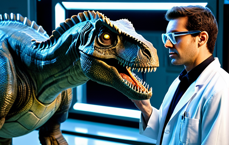A highly intelligent professional scientist, an adult male, wearing a clean, modest lab coat and safety goggles, stands observing a newly activated 'Jurassic Cop' unit. The 'Jurassic Cop' is a majestic, robust dinosaur-robot hybrid, like a T-Rex with sleek, metallic plating and glowing energy conduits, standing in a natural pose. The scene is set within a state-of-the-art, futuristic research laboratory, filled with advanced holographic displays and intricate machinery. The overall atmosphere is one of scientific discovery and controlled power. perfect anatomy, correct proportions, well-formed hands, proper finger count, natural body proportions, fully clothed, appropriate attire, professional dress, safe for work, appropriate content, professional, family-friendly, high quality, studio lighting, detailed, volumetric lighting.