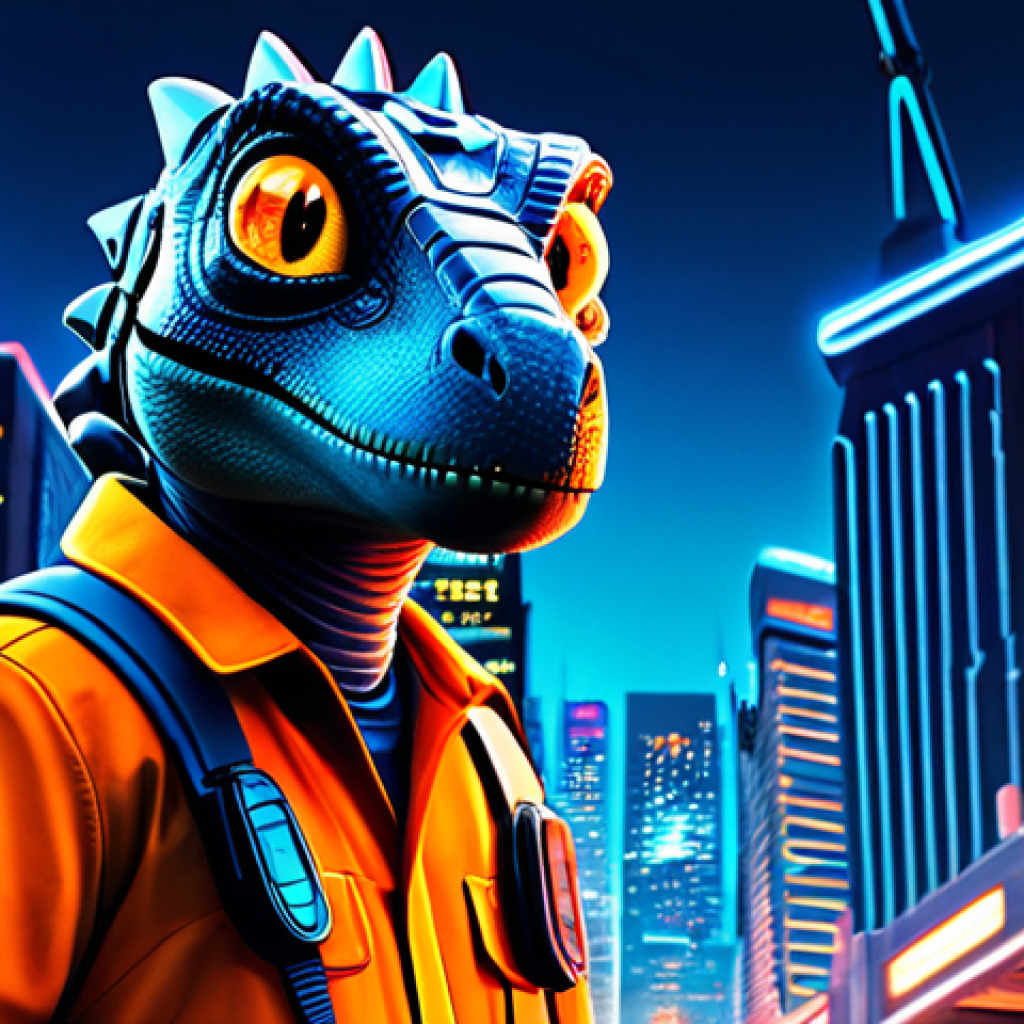 Vibrant Character Poster**

"A fully clothed robotic dinosaur character with large, expressive eyes, posing heroically against a backdrop of a futuristic cityscape with bright neon lights. The scene is awash in vibrant blues, oranges, and yellows. The title 'Jurassic Cops' is displayed in a bold, rounded font. Perfect anatomy, correct proportions, appropriate attire, safe for work, professional illustration, high quality, family-friendly."

**
