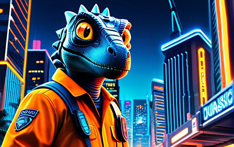 Vibrant Character Poster**
"A fully clothed robotic dinosaur character with large, expressive eyes, posing heroically against a backdrop of a futuristic cityscape with bright neon lights. The scene is awash in vibrant blues, oranges, and yellows. The title 'Jurassic Cops' is displayed in a bold, rounded font. Perfect anatomy, correct proportions, appropriate attire, safe for work, professional illustration, high quality, family-friendly."
**