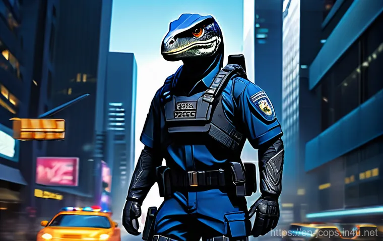 쥬라기캅스 캐릭터 이름 유래 - A dynamic, action-packed illustration of a "Jurassic Cops" hero. The character is an anthropomorphic...