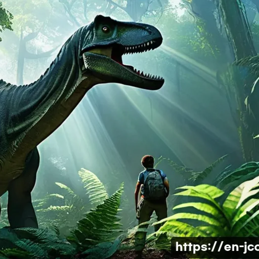 쥬라기캅스와 쥬라기공원 차이점 - **Prompt: "Jurassic Park" Inspired - Survival and Awe**
    "A group of four explorers, two adult pa...