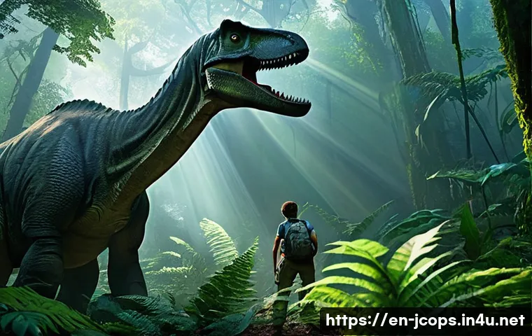쥬라기캅스와 쥬라기공원 차이점 - **Prompt: "Jurassic Park" Inspired - Survival and Awe**
"A group of four explorers, two adult pa...