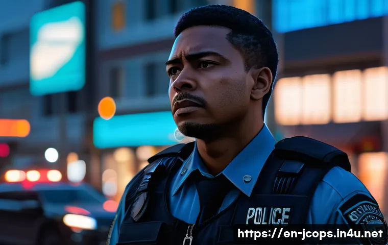 쥬라기캅스 사회적 메시지 - A gritty urban scene at dusk depicting a morally complex police officer standing at a city intersect...