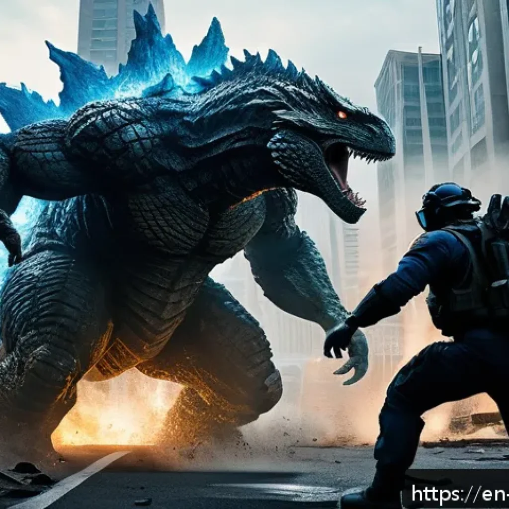 쥬라기캅스 고질라와의 비교 - A dynamic cinematic scene of two colossal monsters battling in a sprawling urban environment at dusk...