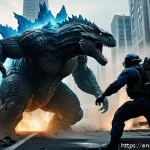 Home 19 쥬라기캅스 고질라와의 비교 - A dynamic cinematic scene of two colossal monsters battling in a sprawling urban environment at dusk...