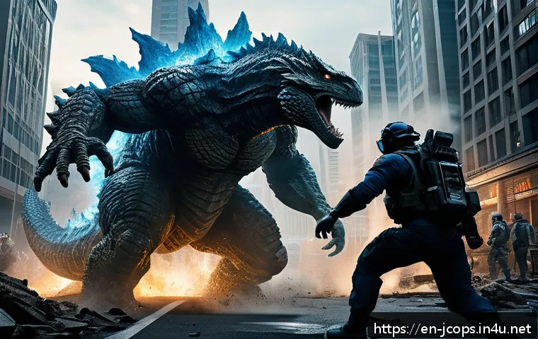 쥬라기캅스 고질라와의 비교 - A dynamic cinematic scene of two colossal monsters battling in a sprawling urban environment at dusk...