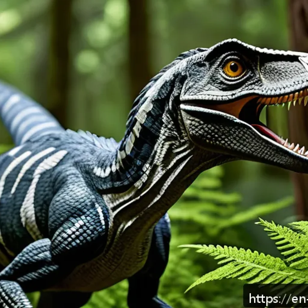 쥬라기캅스 공룡의 종류별 차이 - A highly detailed scene of a Velociraptor engaging in stealth hunting within a dense Jurassic forest...