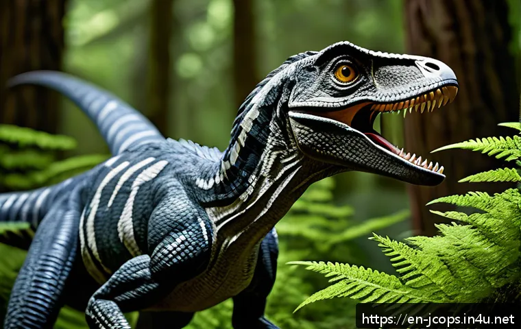 쥬라기캅스 공룡의 종류별 차이 - A highly detailed scene of a Velociraptor engaging in stealth hunting within a dense Jurassic forest...
