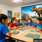 Home 23 쥬라기캅스 교육용 콘텐츠로서의 가치 - A vibrant classroom scene showing a diverse group of children aged 8-12 actively engaged in a Jurass...