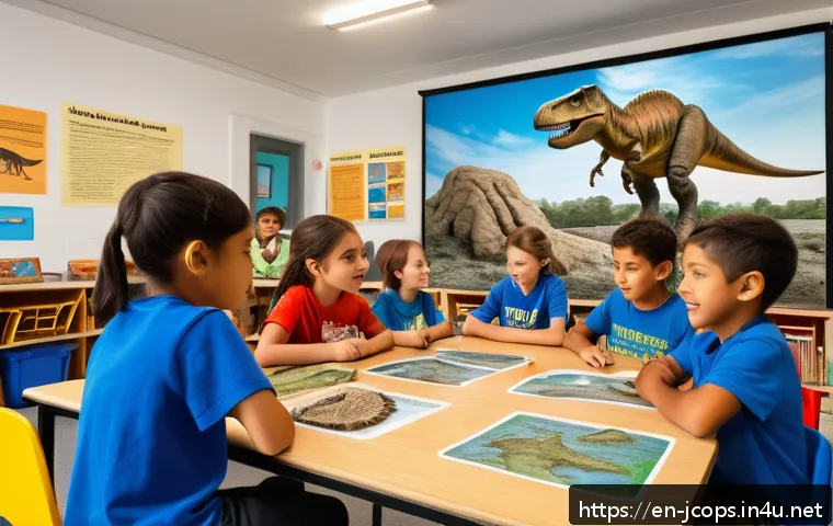 쥬라기캅스 교육용 콘텐츠로서의 가치 - A vibrant classroom scene showing a diverse group of children aged 8-12 actively engaged in a Jurass...