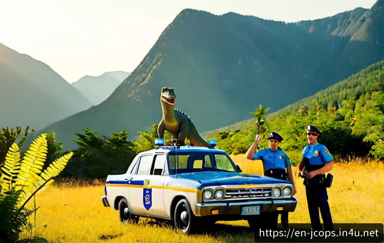 Home 17 쥬라기캅스 주제가 가사 - Photorealistic family-friendly scene of three cheerful dinosaur police officers standing beside a vi...