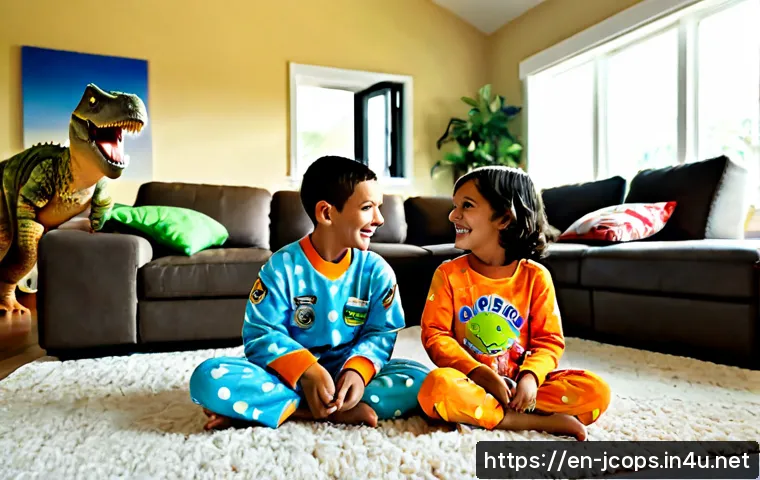 쥬라기캅스 주요 팬층 분석 - Photorealistic family living room scene showing the core young audience for dinosaur-themed rescue e...