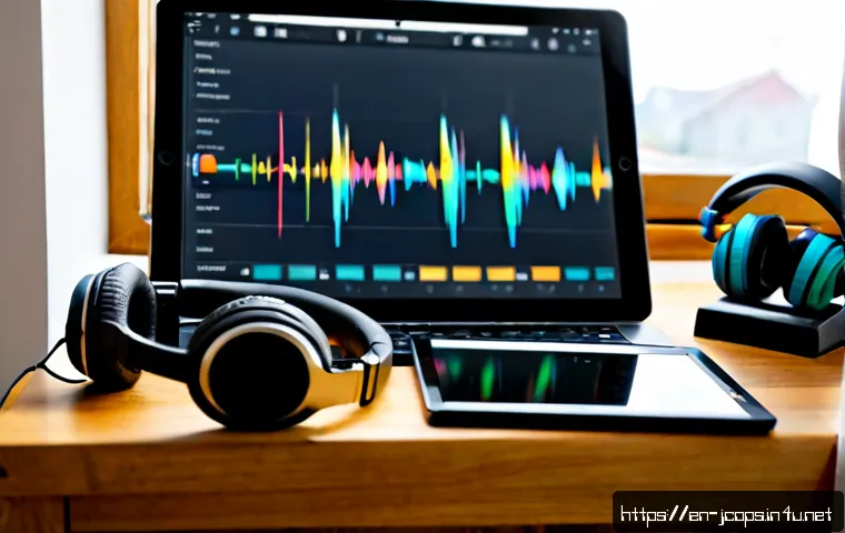 Home 17 쥬라기캅스 OST 정보 - Photorealistic home music studio scene, a pair of large headphones resting beside a vinyl record and...